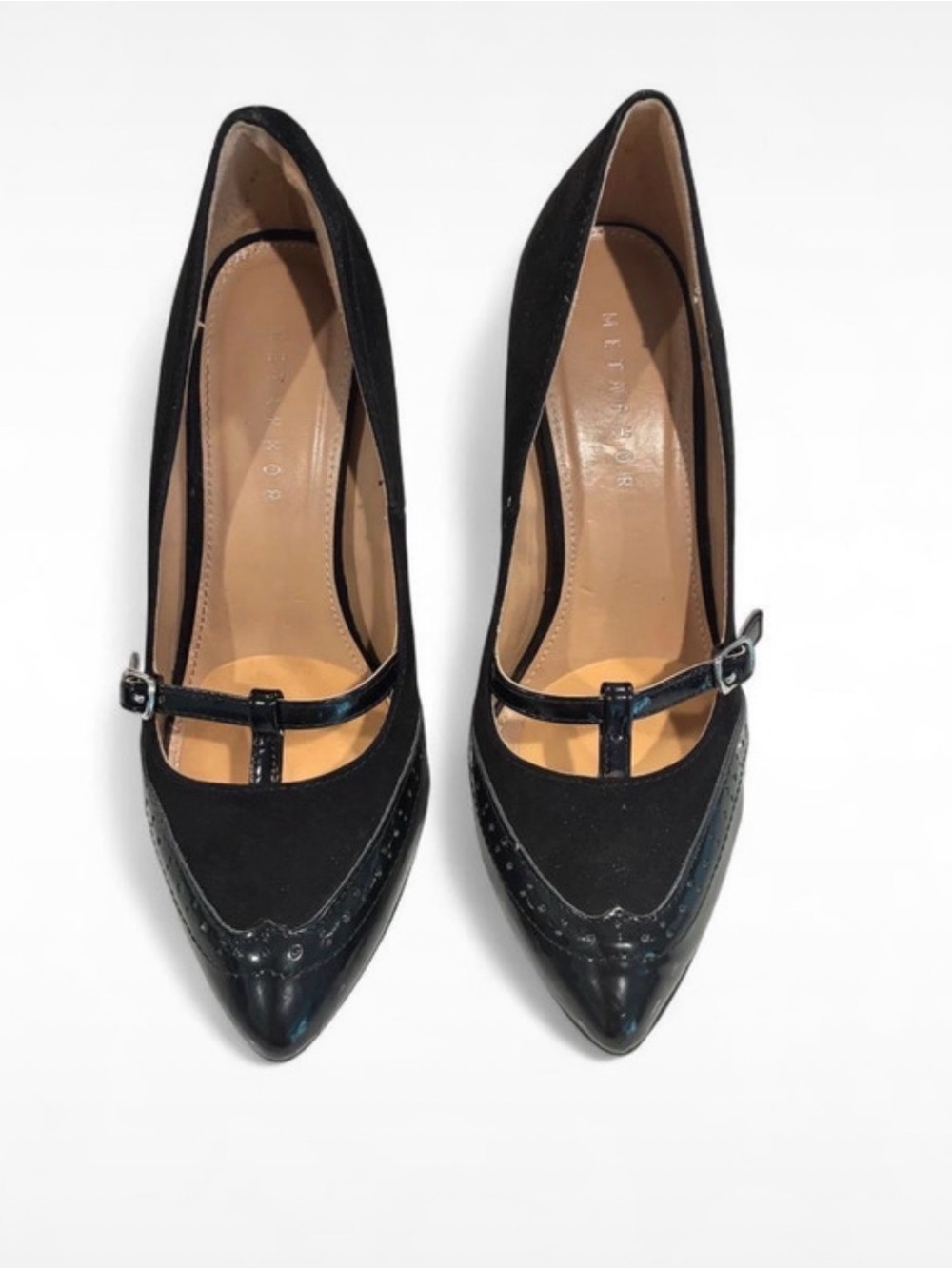 Metaphor Black Pointed Mary Jane Pumps with Patent Trim